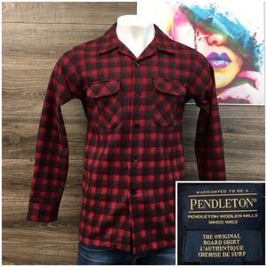 Pendleton The Original Board Shirt Red Black Plaid Wool Button Up‎ Mens  Size M
